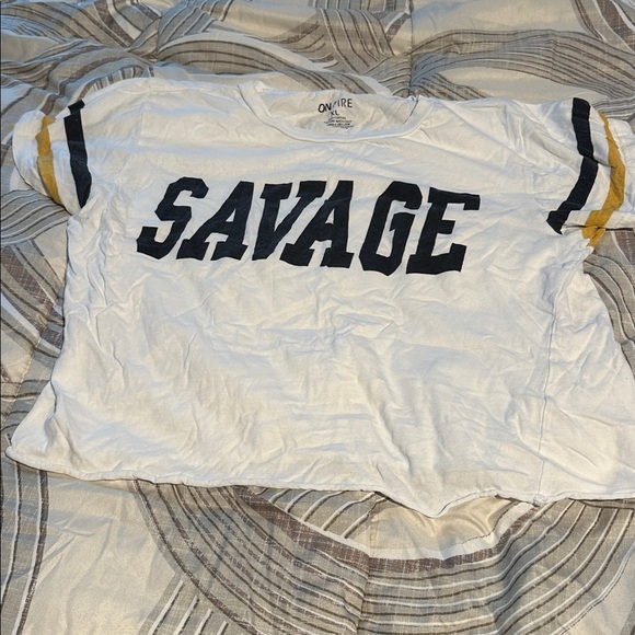 On Fire Tops - White Cropped Tee with Navy Blue ‘Savage' Print